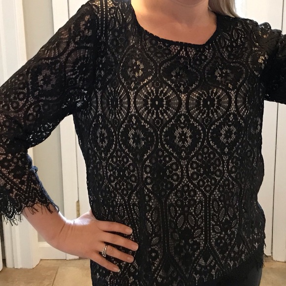 LOFT Black and Tan Lace Layered Top - Picture 7 of 8